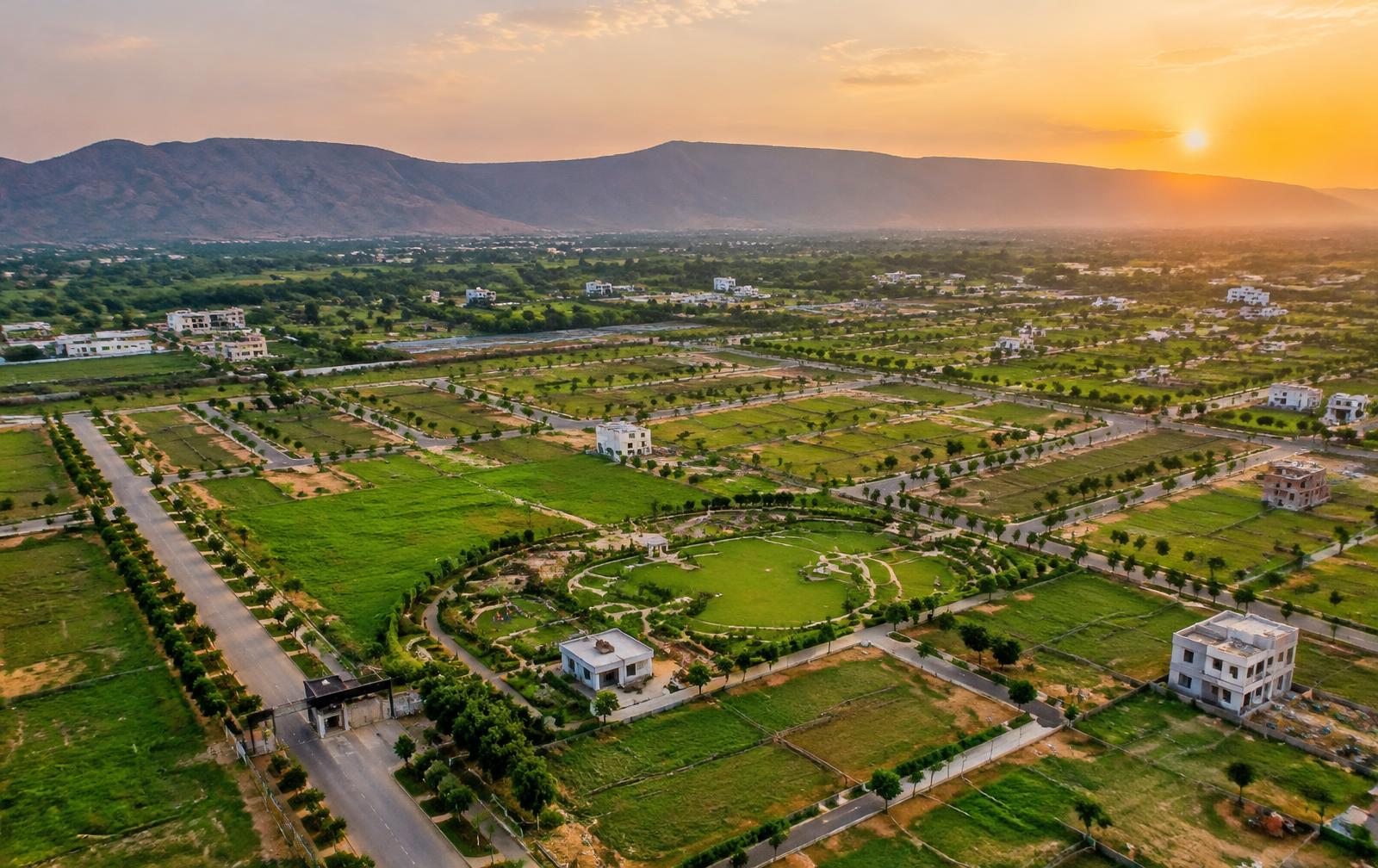 Illustrative aerial view of a green planned township