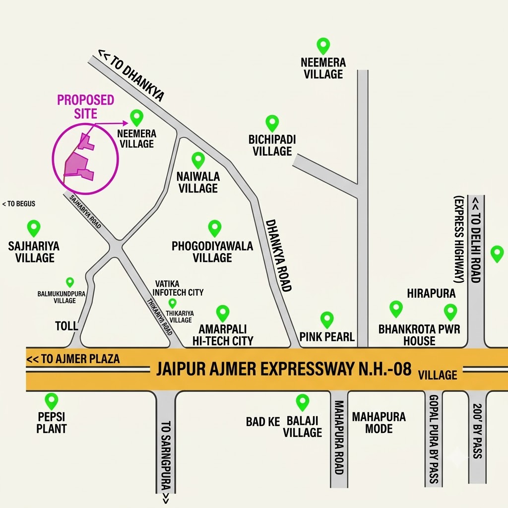 Aranyam Upvan location map showing the proposed site and connections to the Jaipur–Ajmer Expressway